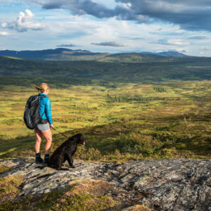 Turgåer med hund med utsikt utover nasjonalparken i bakgrunnen