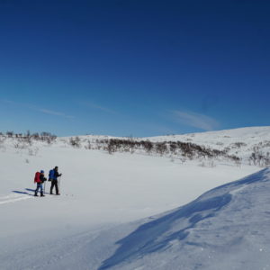 To personer på ski gjennom Almdalen