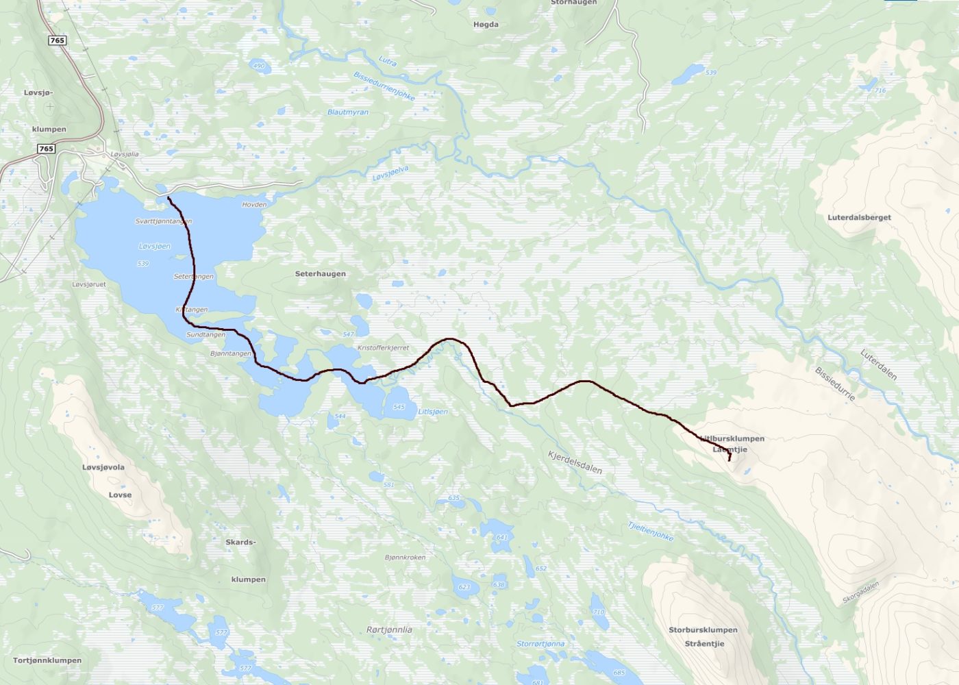 Kart over turforslag inn til Lierne nasjonalpark