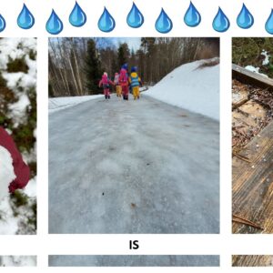 Bilder fra barnehage. Skolestarterne har vært på jakt etter vann i ulike former og fassonger, og dette har vi funnet: Bilde 1: Snø. Bilde 2: Is. Bilde 3: Hagl.